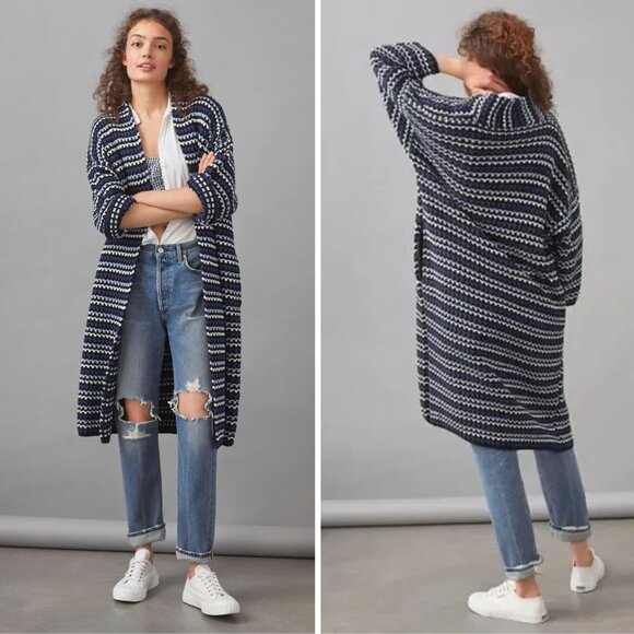 Anthropologie FRNCH Paris Black Multi-color Striped Duster Cardigan One Size - Picture 1 of 13